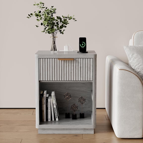Fluted 1-Drawer Nightstand with Charging Station Mid-Century Modern Bedside Table