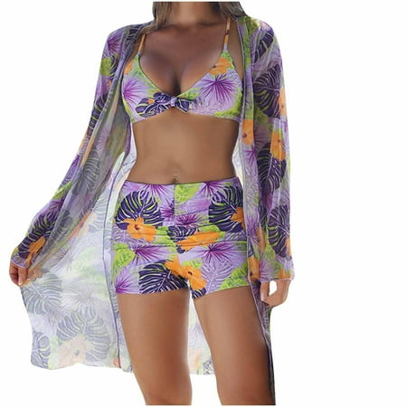 Purple Women Beach Match Brunch Tops Sets Tops Swimsuits Bikini Tankinis Kimono Cover Up Shorts Sets for Women Floral Tops XXL