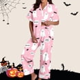 thumbnail image 2 of Likimi Halloween Pajamas For Women Set Lapel Button Down Hallowmas Ghost Print Short Sleeve Pjs Tops With Pants For Party Fashionable Homewear Pink Size L, 2 of 7
