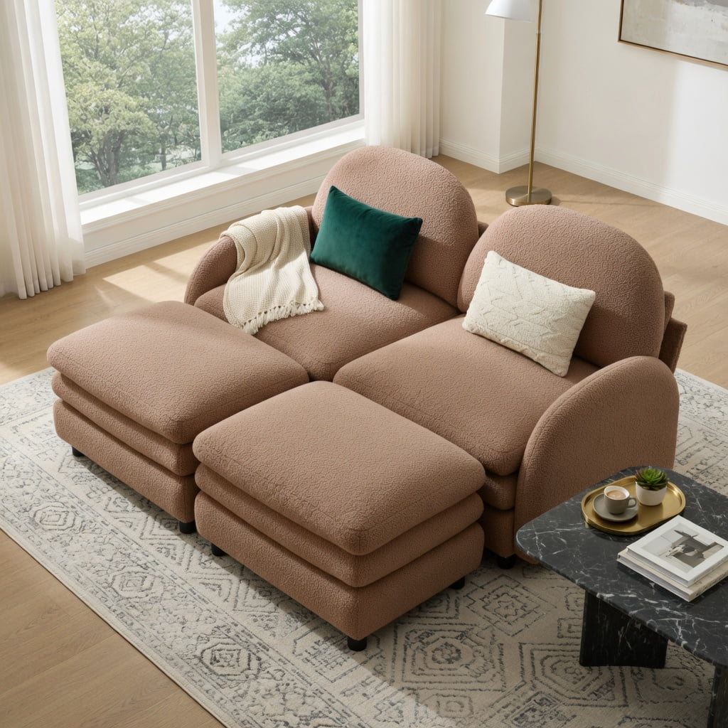 Hommoo Teddy Fleece 2-Seat Modular Loveseat Sofa with Movable Ottoman, Cloud-Like Double-Layer Cushions & Curved Lumbar Support, Camel