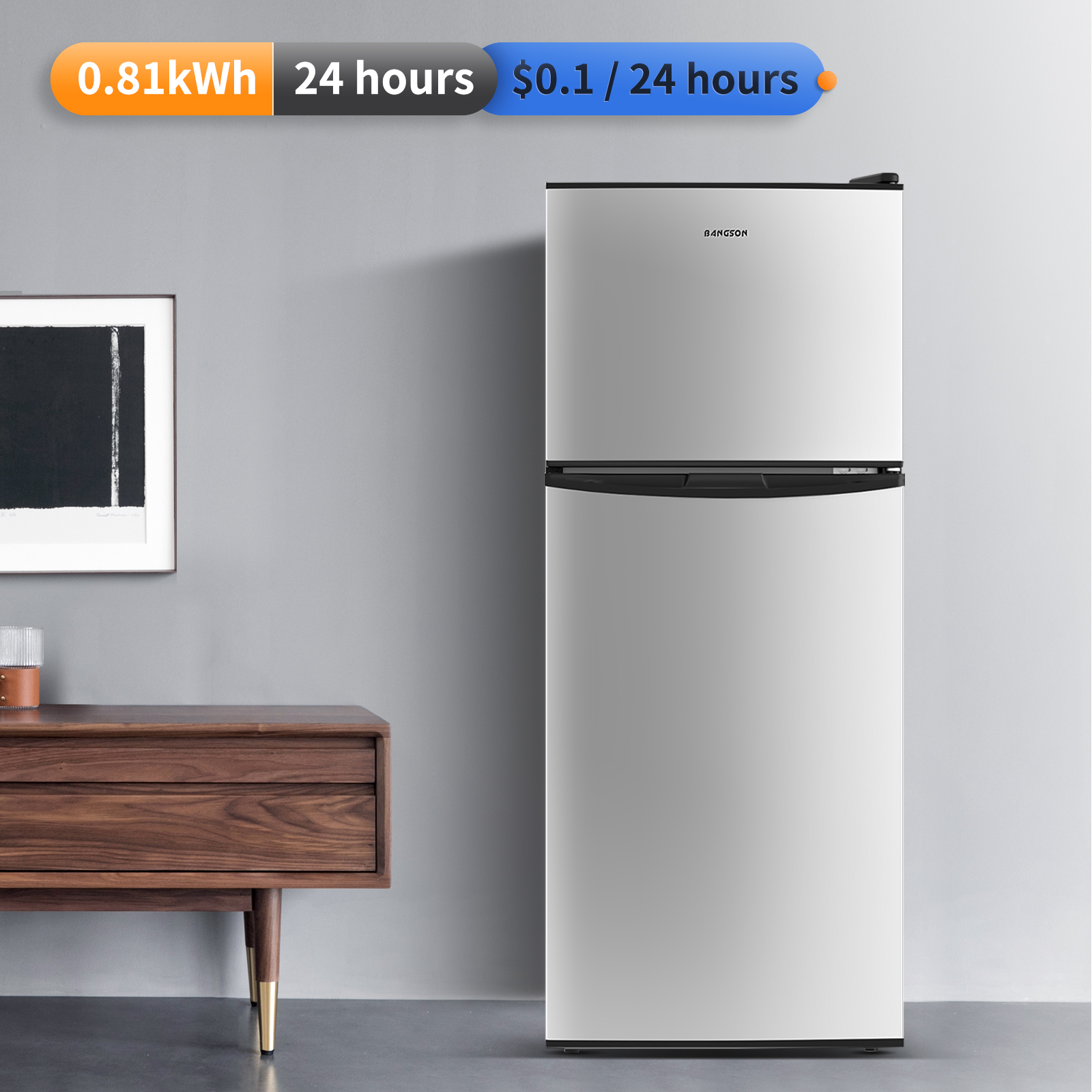 BANGSON 4.0 Cu.Ft small refrigerator with freezer,mini refrigerator with freezer, 2 Doors, Compact Fridge for Apartment Bedroom Dorm and Office, 5 Settings Temperature Adjustable, Sliver