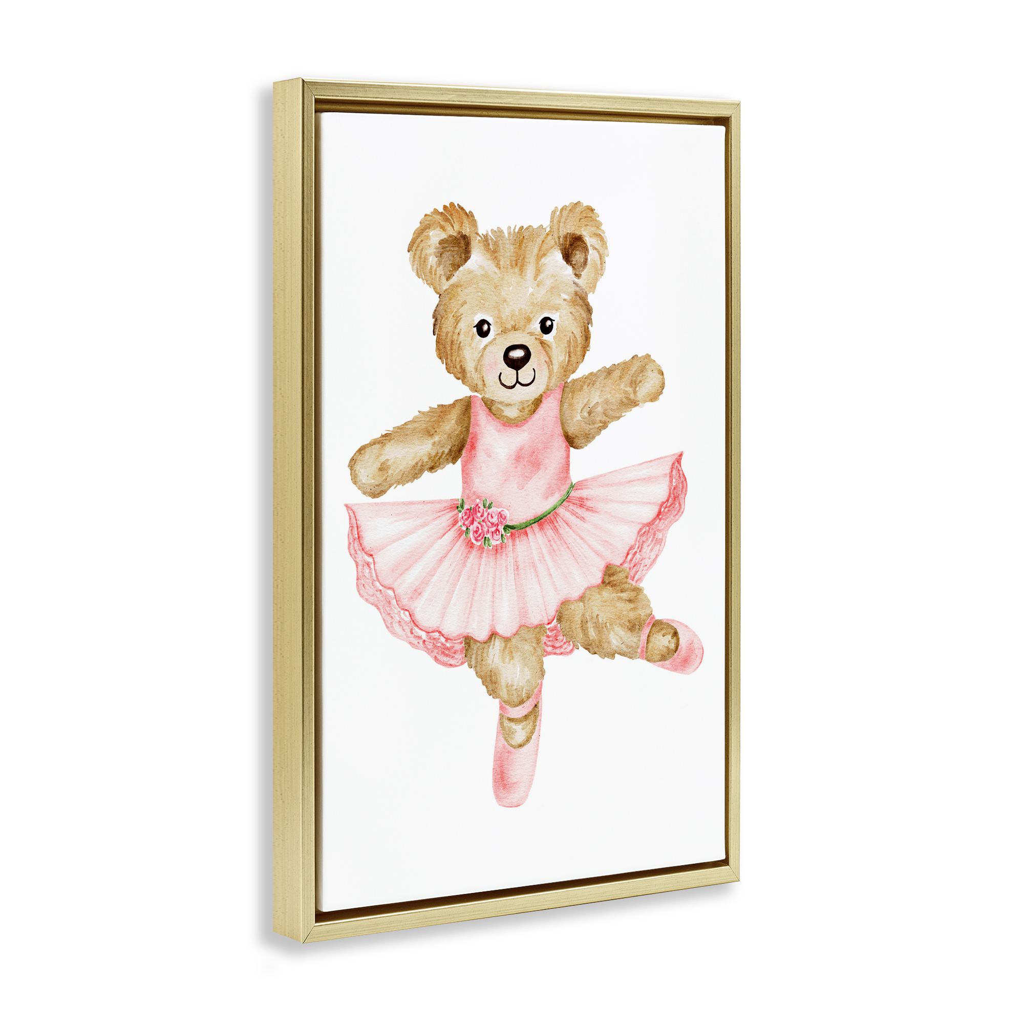 Ballerina Teddy Bear Gold Framed Floater Canvas Wall Art, design by Amy Hall