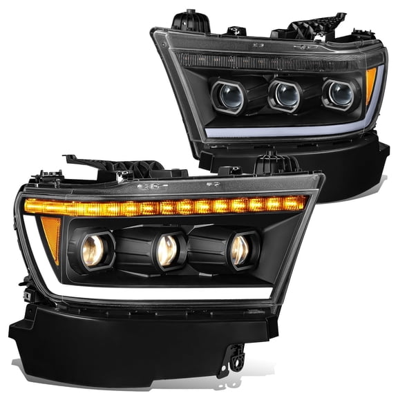 DNA Motoring LED DRL Sequential Signal Tri Projector Headlights for 19-24 Ram 1500, Black/Amber