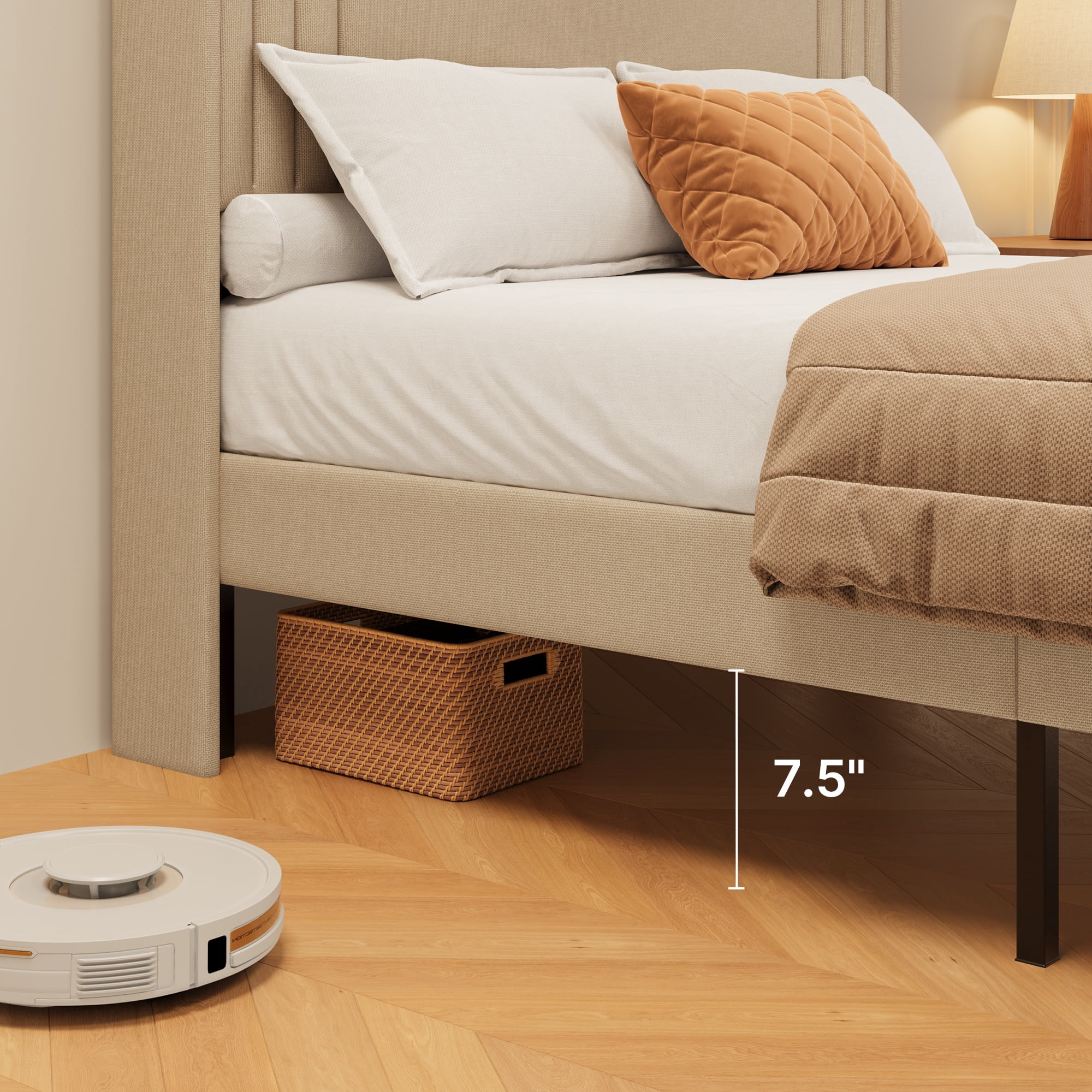 Asofer Full Bed Frame w/Upholstered Wingback, Wood Slats, Charging Station & LED Lights, Beige