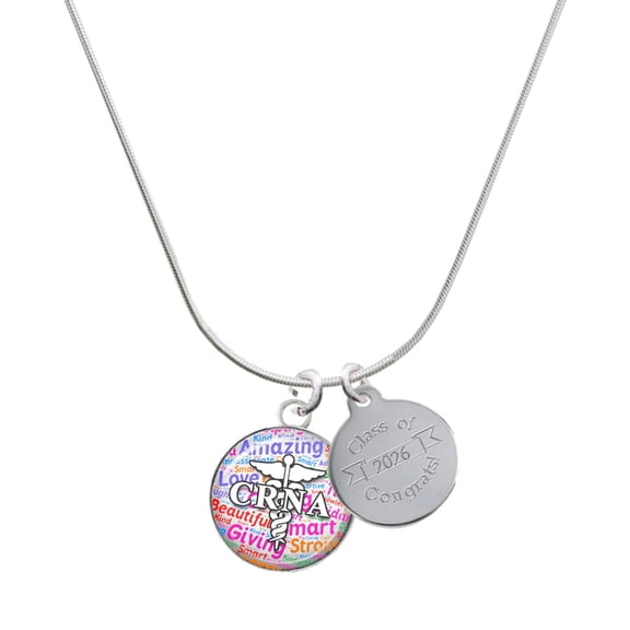 Delight Jewelry Silver-tone Domed Multi Color CRNA - Engraved Congrats Class of 2026 Charm Necklace, 18"