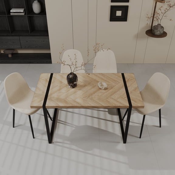 59" MDF Light Wood Dining Table & 4 Modern Suede Dining Chairs Set, Mid-Century Style, Black Rectangular Metal Base