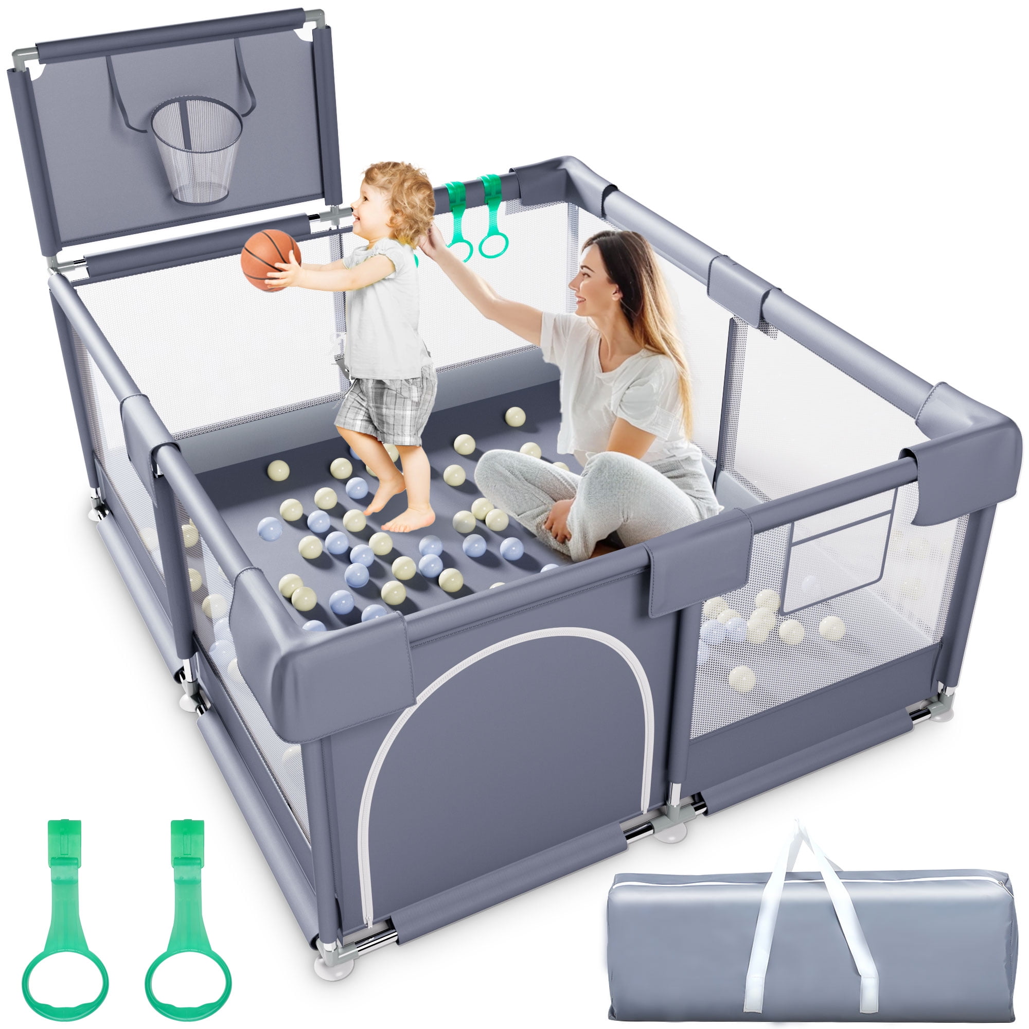 Babyeap Baby Playpen, Play Yard, Toddlers Playards, 50"x50" Infant Travel Fence with Basket, Gray