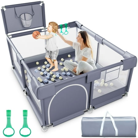 babyeap baby playpen, play yard, toddlers playards, 50"x50" infant travel fence with basket, gray