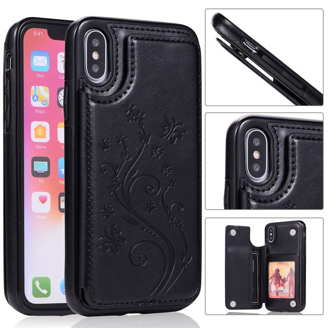 Compatible for iPhone 6 Plus Wallet Case with Card Holder, Embossed Butterfly Premium PU Leather Double Magnetic Buttons Flip Shockproof Protective Case Cover for iPhone
