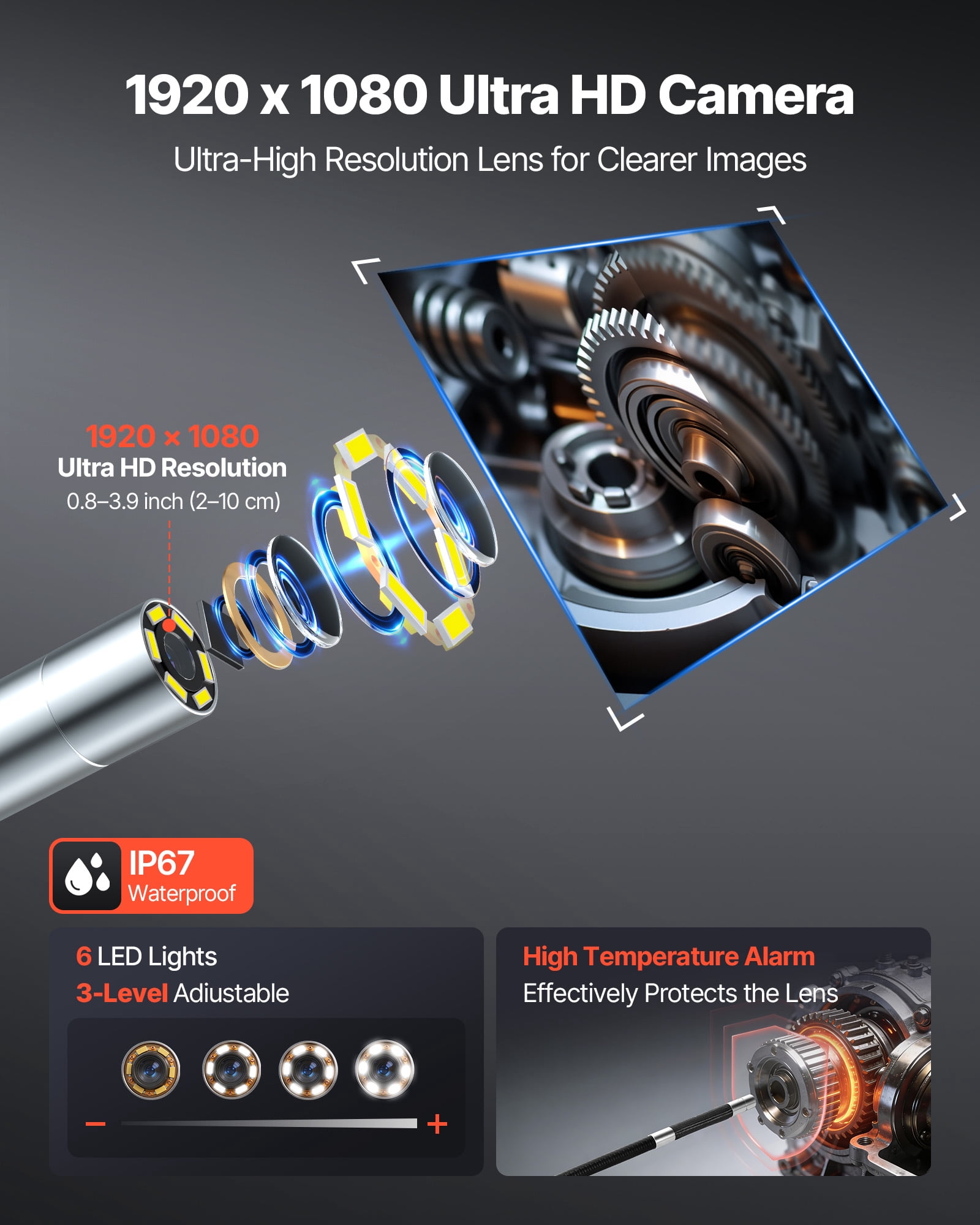 VEVOR 4-Way Articulating Endoscope with Light, True 1080P HD Industrial Borescope Inspection Camera with Articulated Probe, Flexible Snake Scope Cam for Wall Automotive Engine Inspect-4.9FT