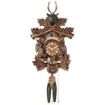 One Day Hunter's Cuckoo Clock with Hand-carved Oak Leaves, Animals, Crossed Rifles, and Buck