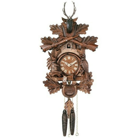 One Day Hunter's Cuckoo Clock with Hand-carved Oak Leaves, Animals, Crossed Rifles, and Buck