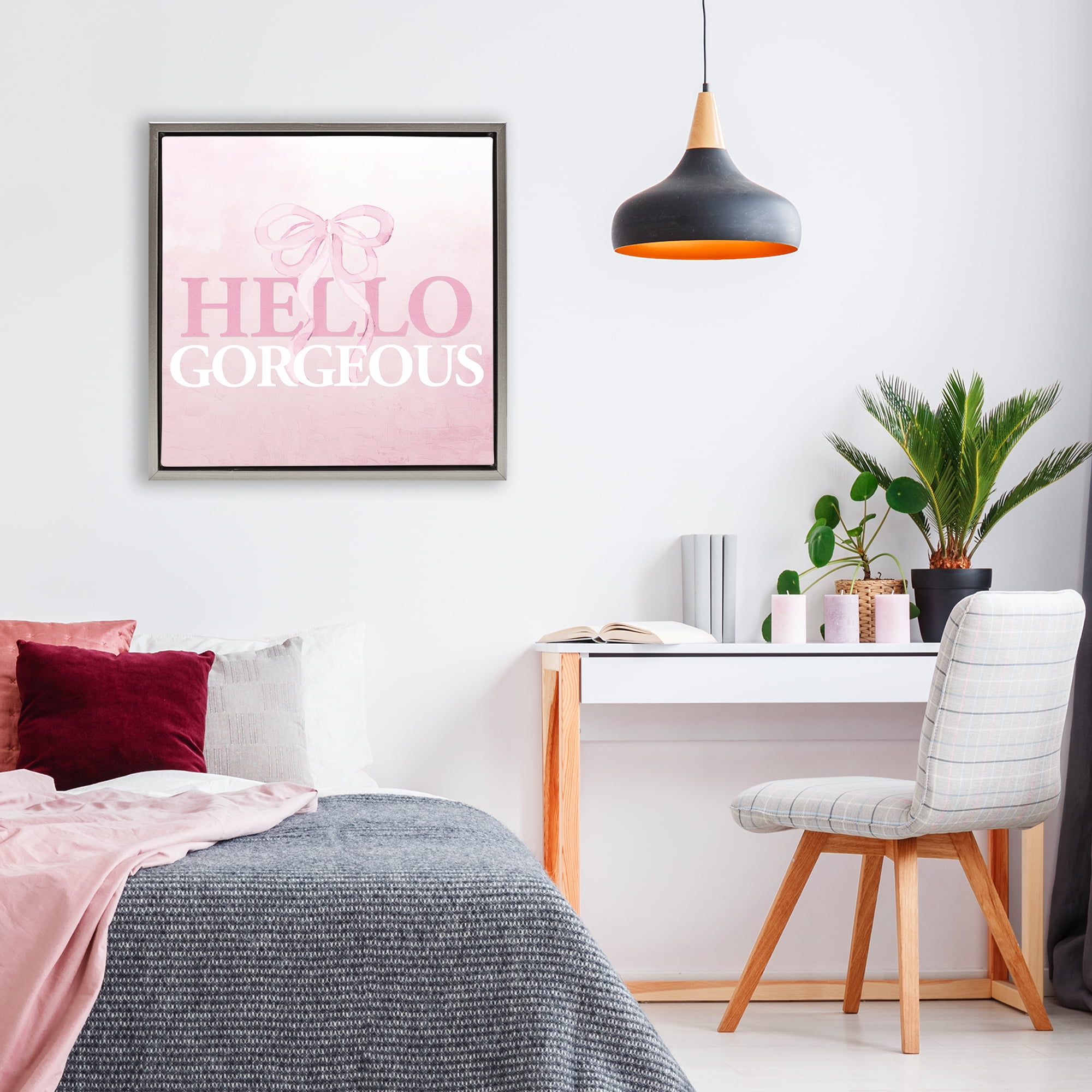 Feminine Hello Gorgeous Gray Framed Floater Canvas Wall Art, design by Kim Allen