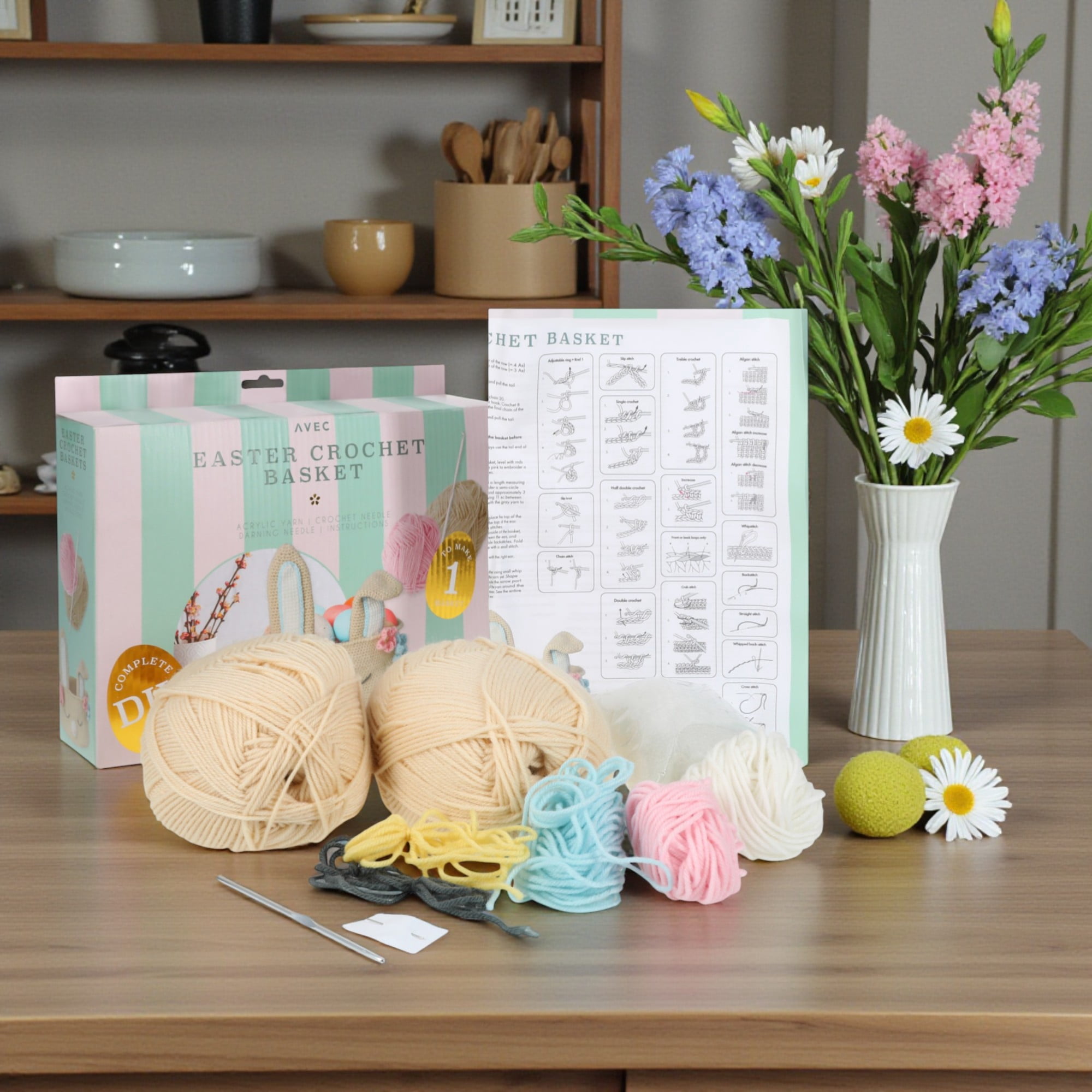 Crochet Easter Basket, Complete DIY Craft Kit, Includes Needle & Yarn