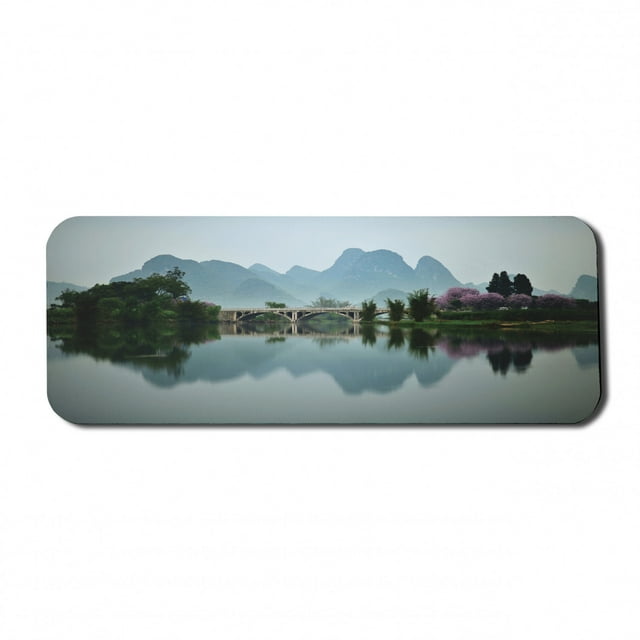 Japanese Computer Mouse Pad, Japanese National Park Bridge Reflections of the Mount on the Lake Scenery Photo, Rectangle Non-Slip Rubber Mousepad Large, 31" x 12", Multicolor, by Ambesonne