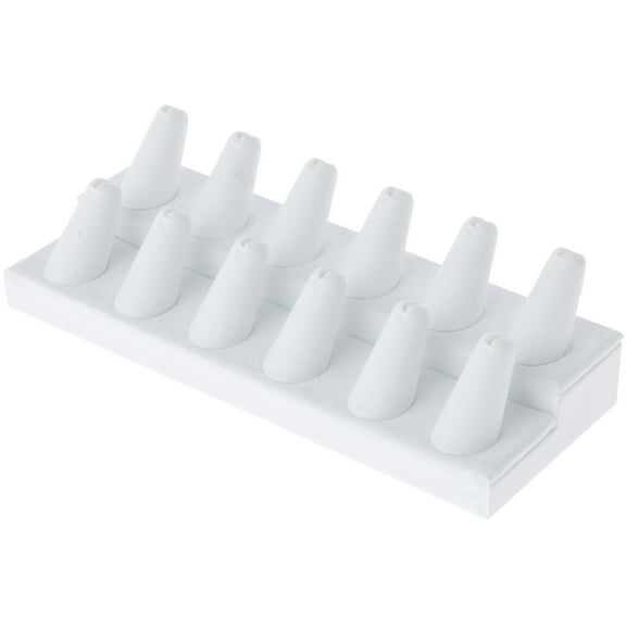 Plymor White Faux Leather 2-Tier Ring Finger Display, Twelve on Rectangular Base, 8.125" W x 3.25" D x 2.5" H