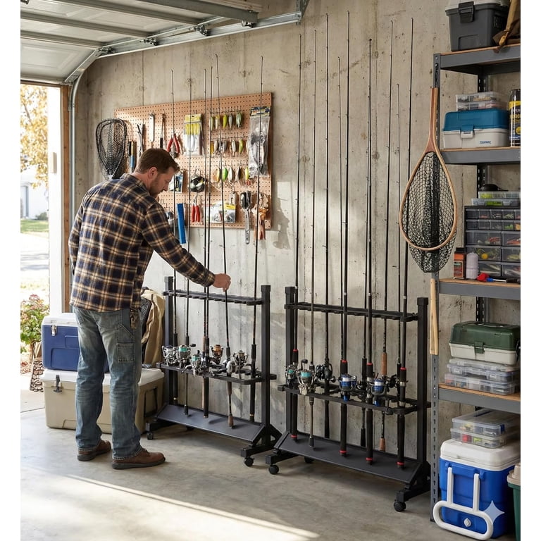 fishing rod holder for home Floor Storage 12 Rod Stand and spinning combos with reels attached Fishing Rod Rack Wall