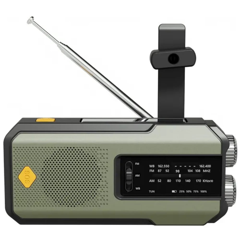Emergency Multi-Function Weather Radio - FM/AM/WB Radio with Hand Crank, Solar Charging and USB Power Bank - 2000mAh Battery Capacity - Includes LED Flashlight and Portable Power Bank