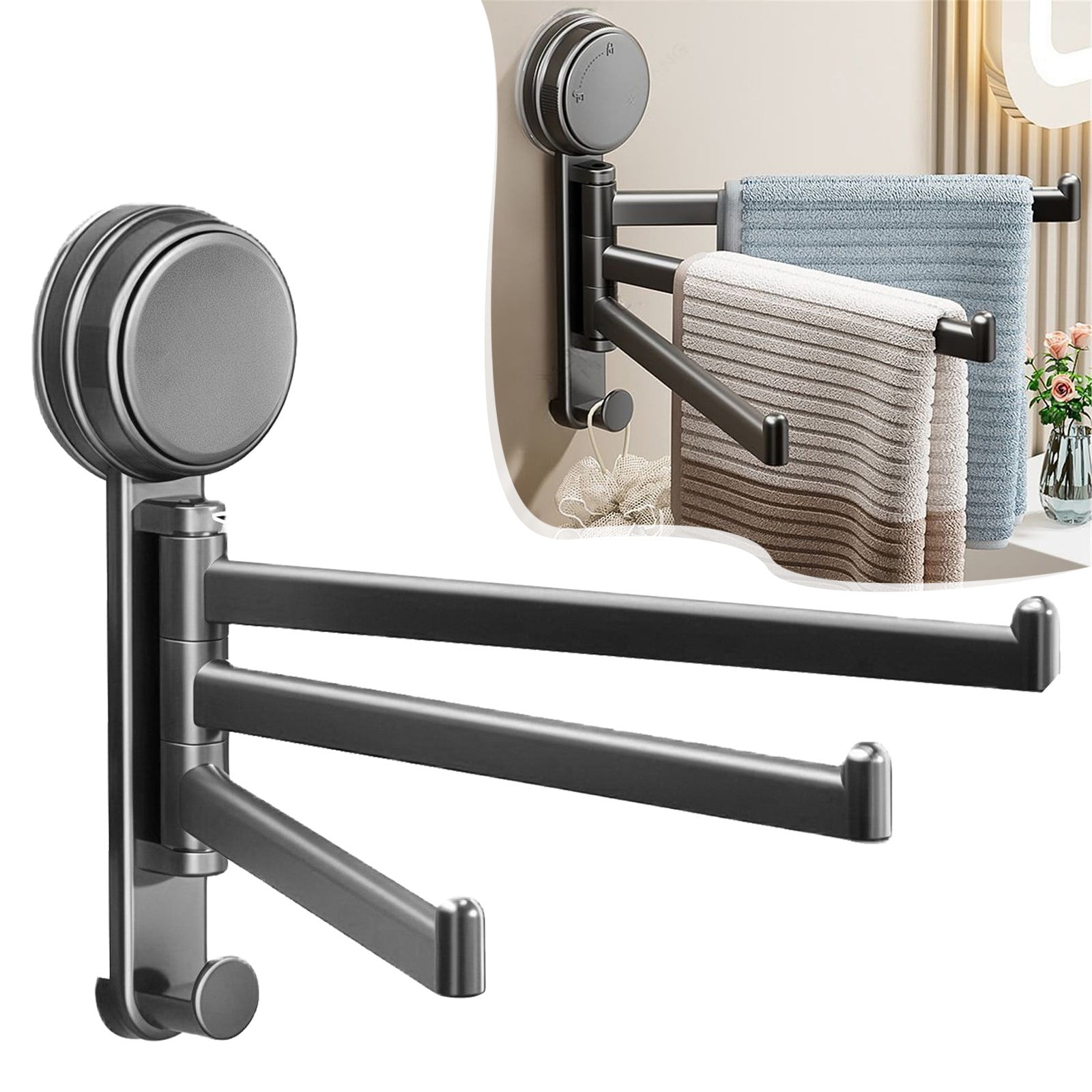 3 Arm Swivel Towel Rack,Heavy-Duty Rotating Suction Cup Holder,Space Saving Wall Storage,Fold Arms Flat When Unused,Rotatable Drainer Storage Rack Wall Mounted Towel Rack (Grey)