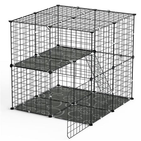 Fresh Fab Finds FFF-GPCT5299 2-Tier Cat Cage Playpen, Detachable Crate, Ladder, 2 Doors, for 1-2 Pets - Black