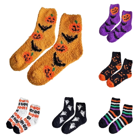 Women Halloween Fuzzy Crew Socks, Fall Winter Thick Cozy Coral Home Slipper Socks, Cute Pumpkin Bat Ghost Print Nonâ Sleep Floor Socks for Indoor