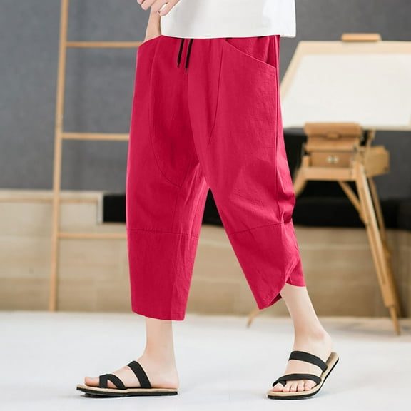 asjyhkr Plus Size Mens Capri Pants Lightweight Breathable Drawstring Elastic Waist Comfy Beach Vacation Trousers(M-5XL)