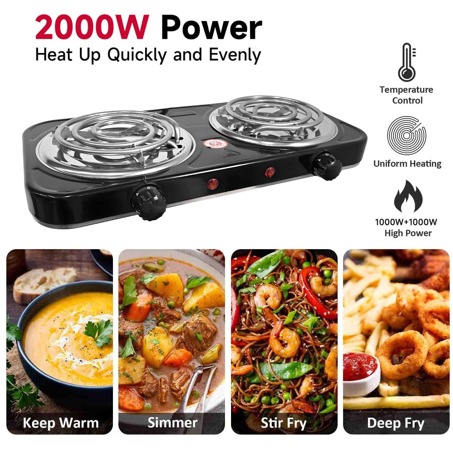 Hot Plate,Double Burner, 2000W Electric Stove Burner with 5 Levels Temperature Control, Countertop Double Coil Burner Cast Iron Cooktop for All Cookwares Home Camp RV