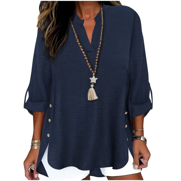 Tsesme Linen V-Neck Tops for Women Capris Sleeve Pullover T-shirt with Side Button Loose Fashion Shirt