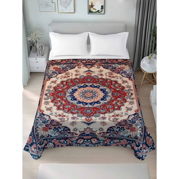 Red Navy Blue Boho Queen Size Flat Sheet, Wrinkleproof & Fadeproof Cooling Flat Bed Sheet Only, Vintage Ethnic Geometric Breathable Soft Bedding Top Sheets 90 x 102 Inches