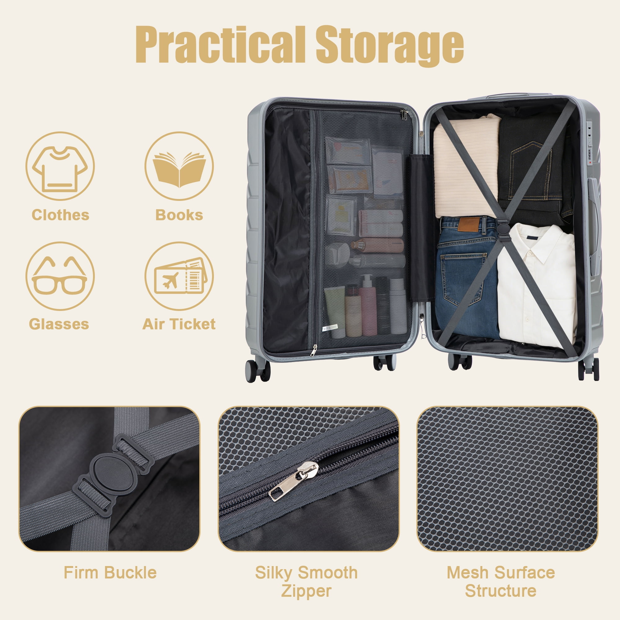 Alvantor 28inch Luggage, ABS Checked Suitcase with 4 Spinner Wheels and Side Hooks, Silver