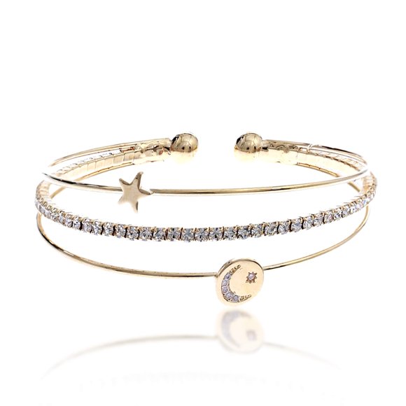 NTLX Bracelets CZ pour Femmes - Bracelet Zircon Cubique – Bracelet en Fil à Mémoire de Forme 3 Lignes CZ & Strass – Plaqué Or - Design Lune & Étoile - avec Boîte Cadeau Incluse - Excellent Cadeau