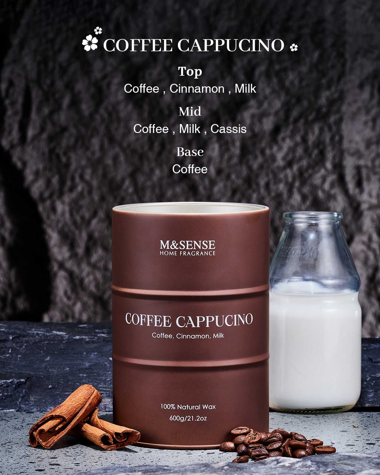 M&SENSE Coffee Cappucina Large Scented Candle, Soy Natural Wax 21.2oz 120hrs