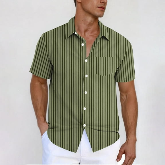 M-4X Big and Tall Shirts for Men with Pocket Plus Size Short Sleeve T-Shirts Button-Down Collared Stripe Printed Casual Going-Out Tees Tops