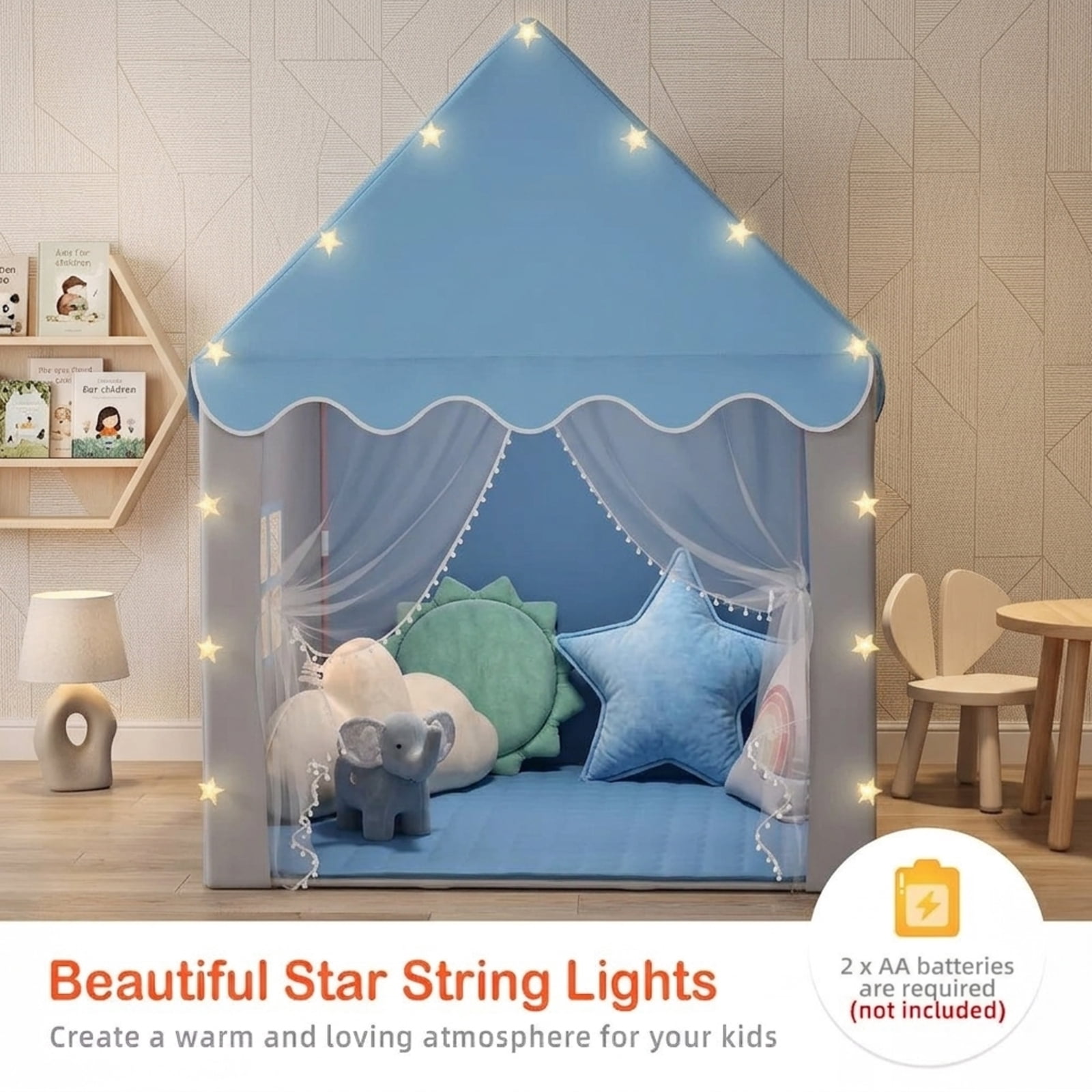 Fenbeli 2-in-1 Kids Play Tent with Padded Mat and Star Lights, Indoor Outdoor Playhouse with Windows, Blue and Gray
