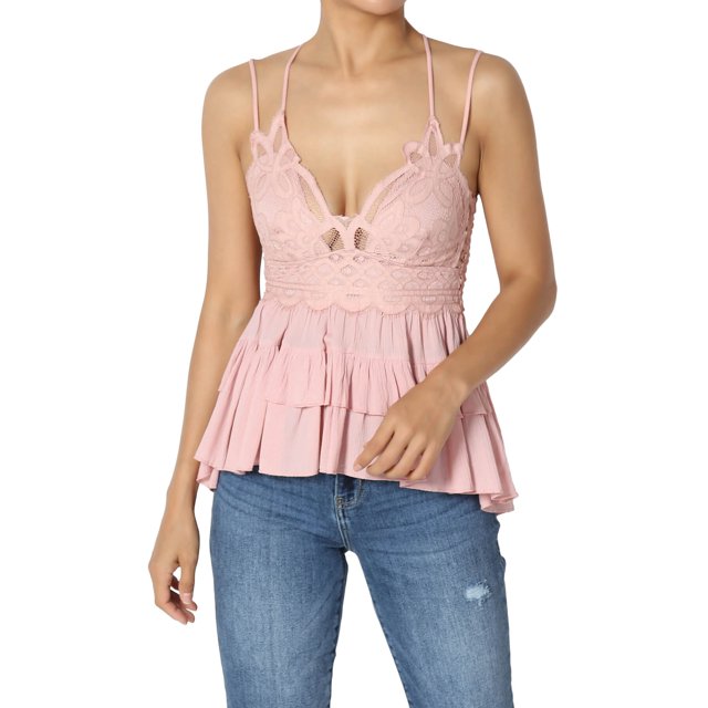 TheMogan Women's S~3X Cross Strap Smocked Back Crochet Lace Ruffle Peplum Cami Top