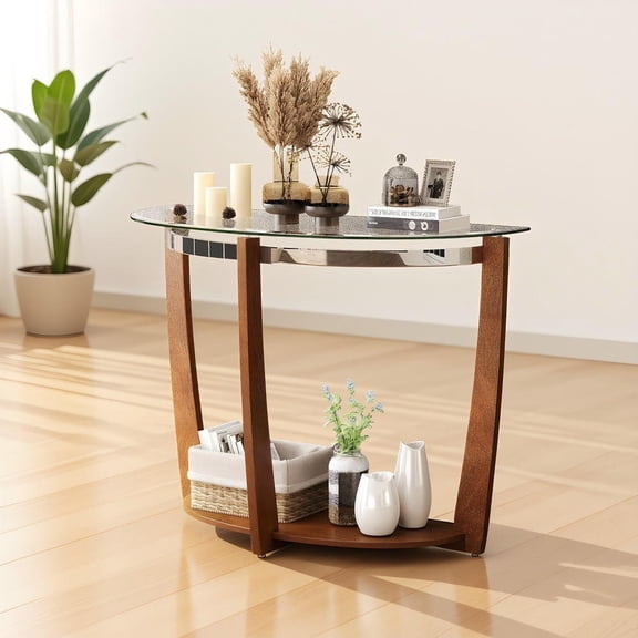 Barara King 2-tier Tempered Glass Console Table Modern Entryway Table with Clear Glass Top Open Shelf for Hallway Living Room Home Furniture, Walnut