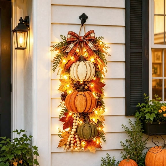 Rustic Wooden Pumpkin Door Hanging With Warm LED Lights, 7x22" Bow Fall Rustic Pumpkin Hanging Swag, Orange Glowing Wreath Door Decor, Farmhouse Porch Front Home Decoration