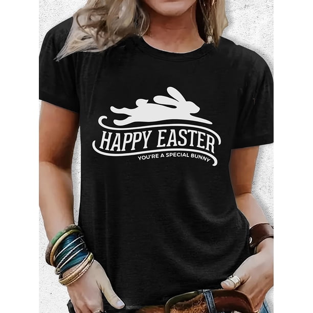 Women'S Round Neck Short Sleeve Top with a Running Bunny Design And 'HAPPY EASTER' Slogan, Plus Size T-Shirt - 2094 Tee For Adult, Men, Women, Teen, Teenager, Adolescent, Youth.