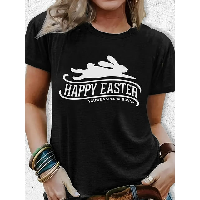 Camiseta de manga corta y cuello redondo para mujer con diseño de conejito corriendo y el lema "FELIZ PASCUA". Talla grande - 2094. Para adultos, hombres, mujeres, adolescentes, jóvenes y uso informal