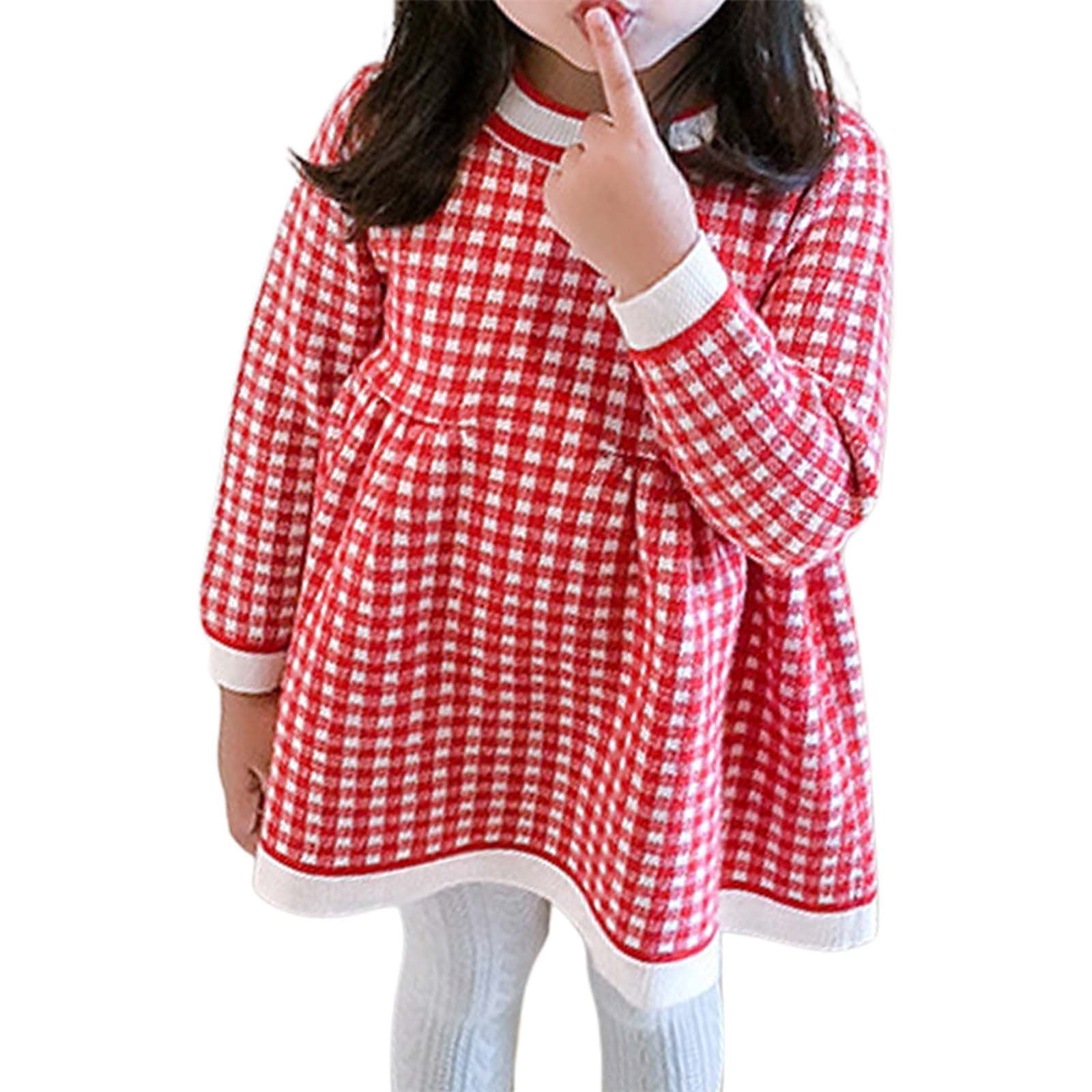 TSADFHJI Winter Baby Girl Dresses 3-6 Months Korean Style Girls' Knitted  Plaid Long Sleeve Dress Cute and Comfortable Kids' Apparel 3-4 Years Red