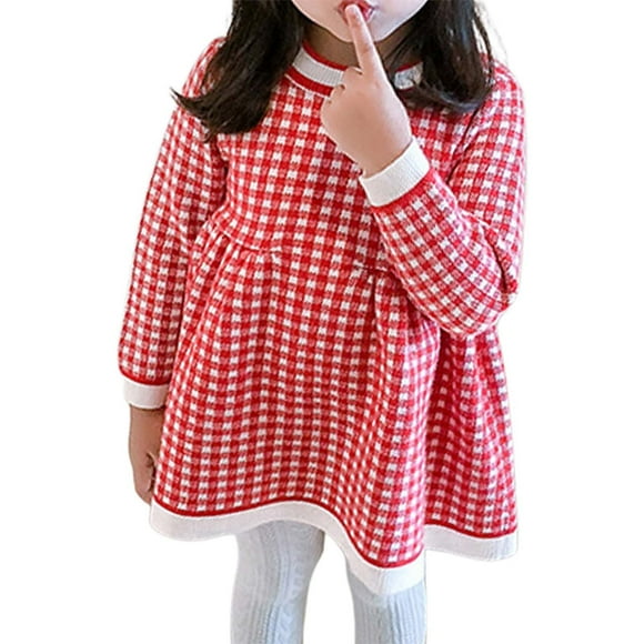 FhsagQ Dresses for Girls Korean Style Girls' Knitted Plaid Long Sleeve Dress Cute and Comfortable Kids' Apparel Girls Spring The 7th of July Dresses Size 7/8 Red 18-24 Months