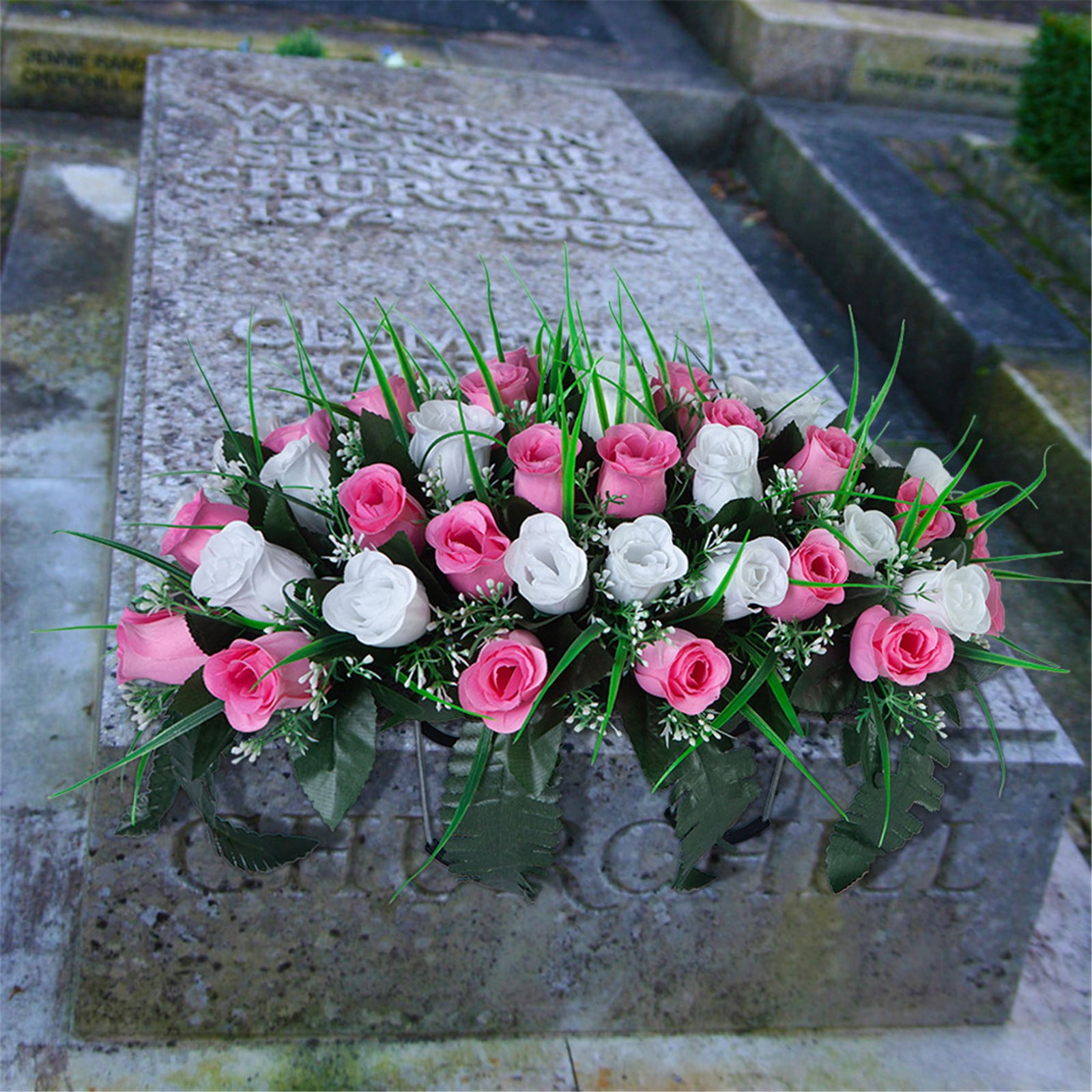 Headstone Flower Saddle Artificial Cemetery Flowers Grave Flowers For Cemetery Headstone Flower Saddle Red Rose Combination Outdoor Memorial Day Decorations Funeral Tribute Arrangement