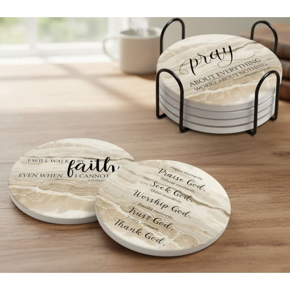 Coasters for Drinks with Bible Verses, Set of 6 Absorbent Christian Gifts Marble，Drinks Coasters with Holder