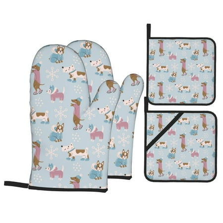 

Oven Mitts and Pot Holders Sets 4 pcs - Cute Snowflake Dachshund Heat Resistant Silicone Oven Gloves with Non-Slip Silicone Surface and hot pads for kitchen Baking Cooking BBQ