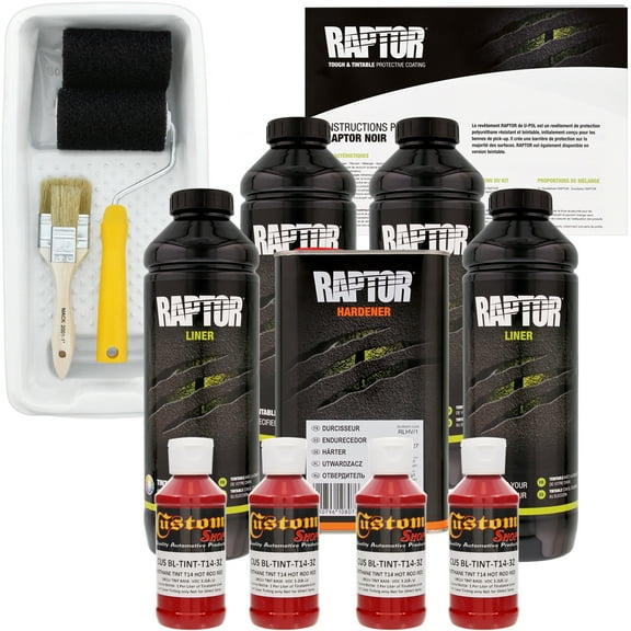 Raptor Hot Rod Red Urethane Spray-On Truck Bed Liner Roller,Tray, Brush 4 Liters
