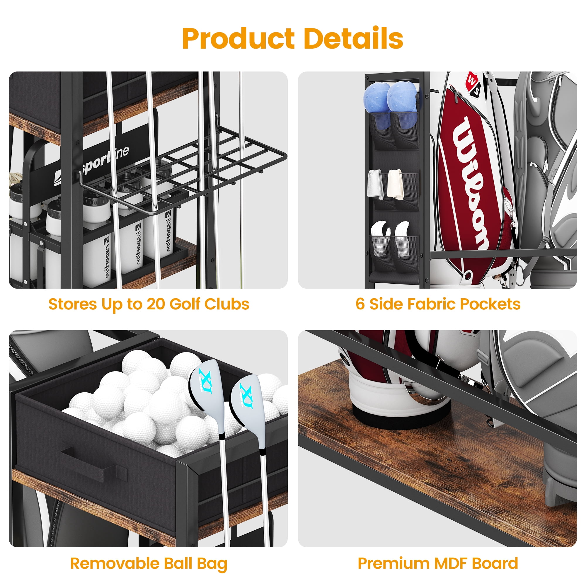 Golf Bag Storage Organizer for Garage, Golf Organizer with Extra Golf Rack and Side Fabric Bag for 20 Golf Clubs & Golf Essentials, Golf Bag Stand for Golf Bag Accessories, Ideal Golf Gifts for Men