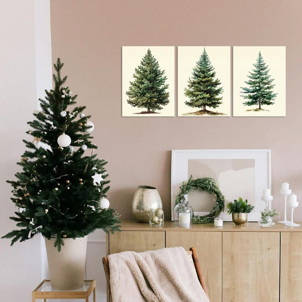 Christmas Trees Canvas Wall Art - Set of 3 Framed 12 X 16 Inch Netural Vintage Christmas Trees Picture Earth Tones Green Christmas Painting Wall Decor Art Print for Holiday Living Room Bedroom Office