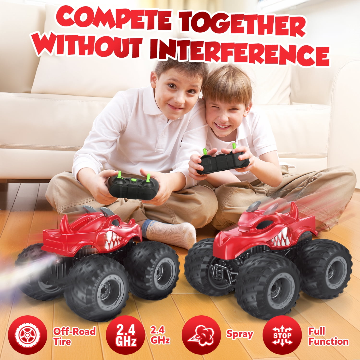 UQN Remote Control Dinosaur Toy Cars for Kids, 2.4 GHz RC Monster Trucks for Boy with Spray, All Terrain RC Dinosaur Car, Christmas Birthday Gifts for ages 3 4 5 4 6 7 8 Boys Toys, Red