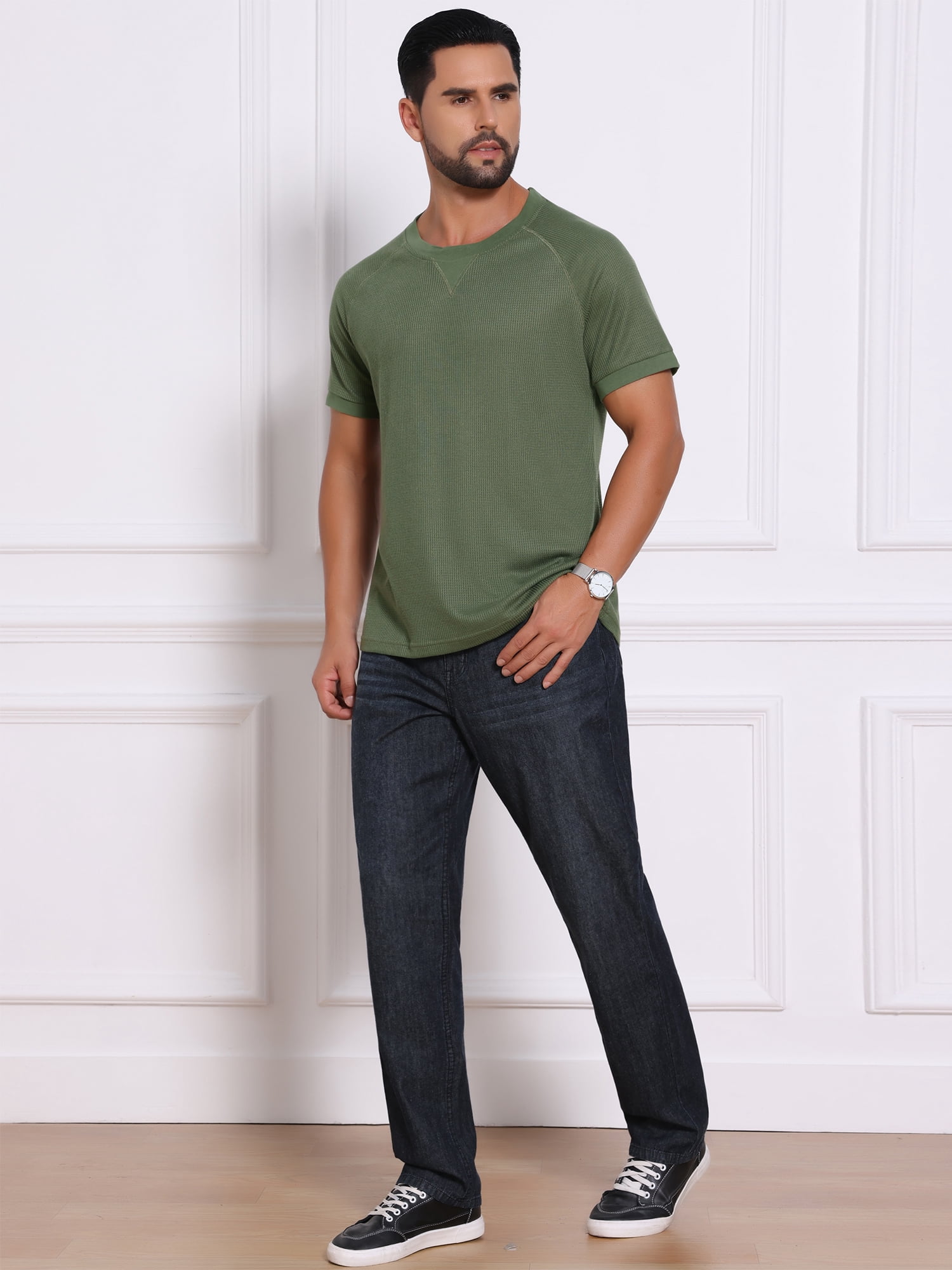 DARING DIVA Men's Waffle Fabric Classic Crew Neck Raglan Short Sleeves 2XL Olive Green