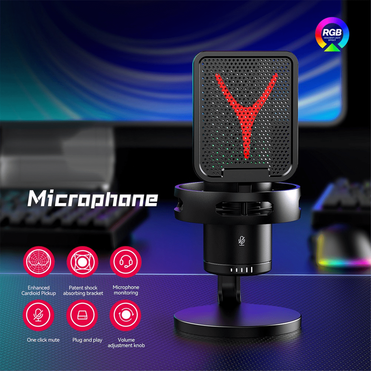 Gaming Microphone Professional Condenser Microphone RGB USB Wired Mic for PC Laptop Computer Podcast Gamer Karaoke